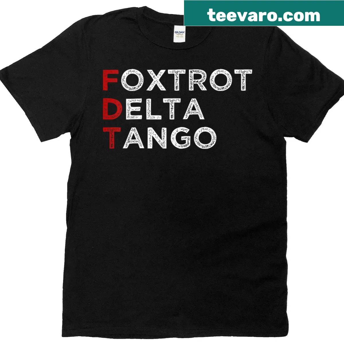 Funny political statement V-neck shirt with Foxtrot Delta text — on a men's t-shirt