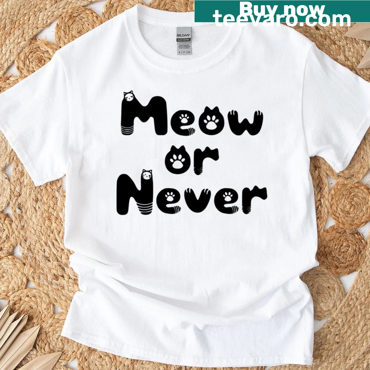 Minimalist T-shirt with the phrase 'Meow Or Never' for cat lovers — on a men's t-shirt