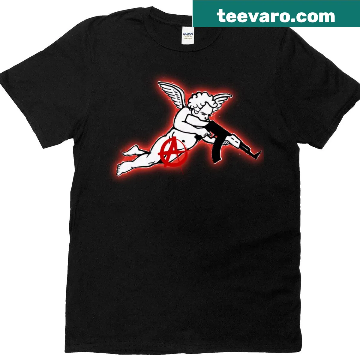 Anarchy Angel Machine Gun T-shirt with bold illustration — on a men's t-shirt