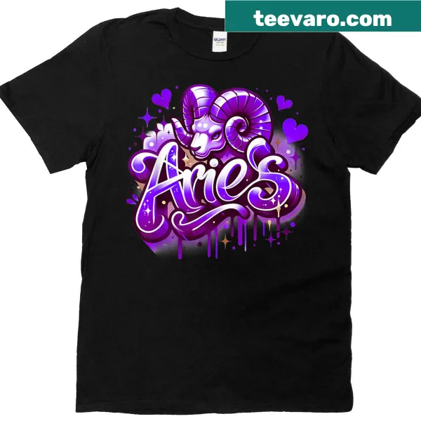 Illustrated Aries zodiac sign graphic on a T-shirt.