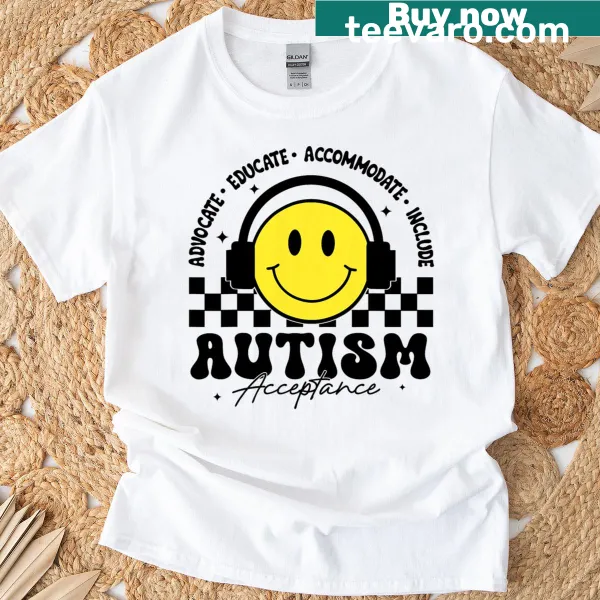 Teacher T-shirt with the words Acceptance and Awareness, promoting autism awareness