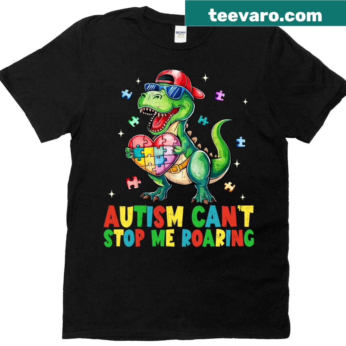 Boys t-shirt with roaring lion and 'Autism Can't Stop Me' text — on a men's t-shirt