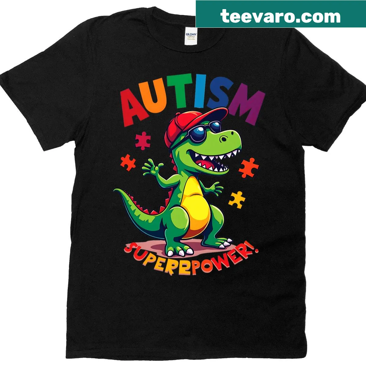 Dinosaur-themed Autism Awareness T-shirt with superpower message — on a men's t-shirt