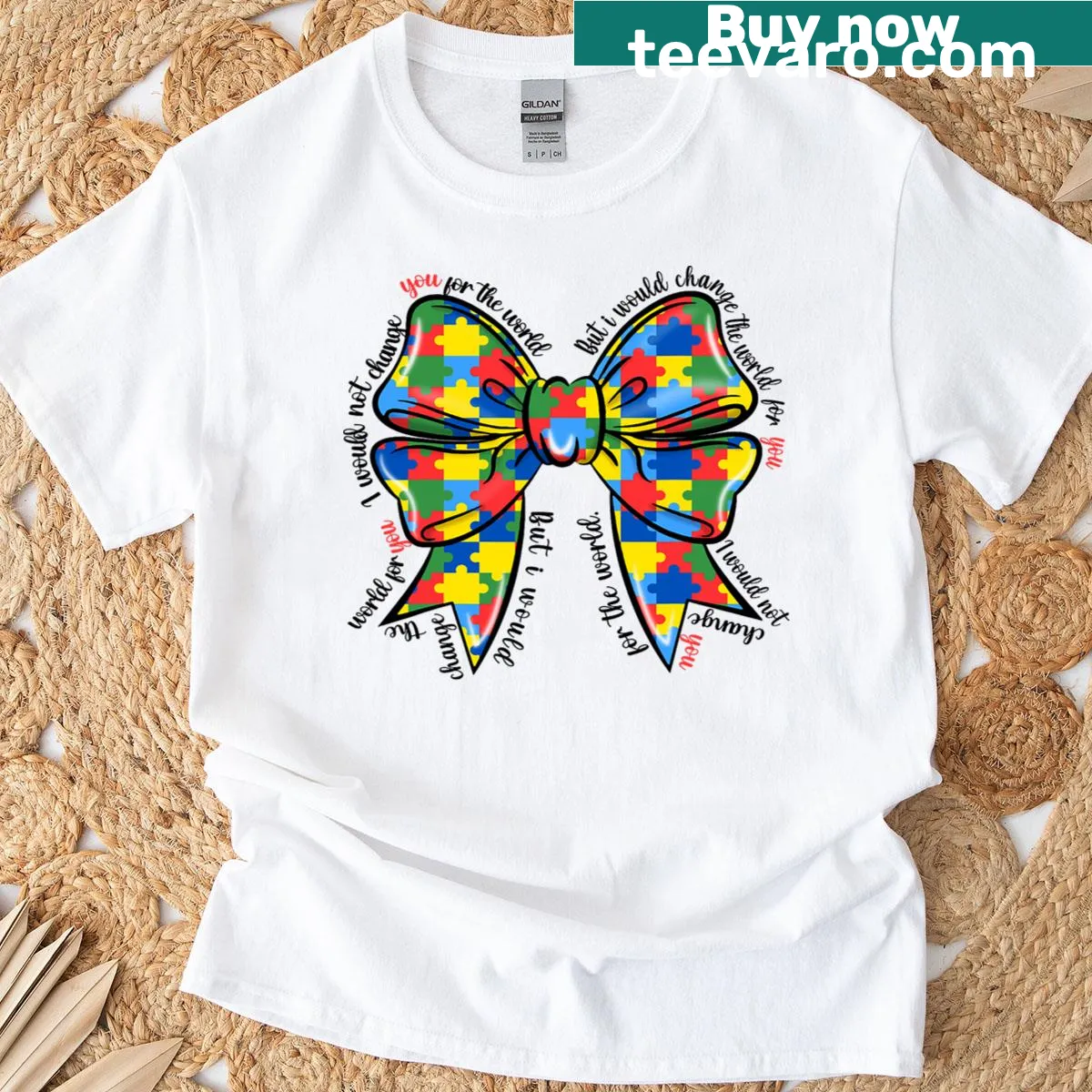 Cute autism awareness T-shirt for girls with puzzle and bow graphic — on a men's t-shirt