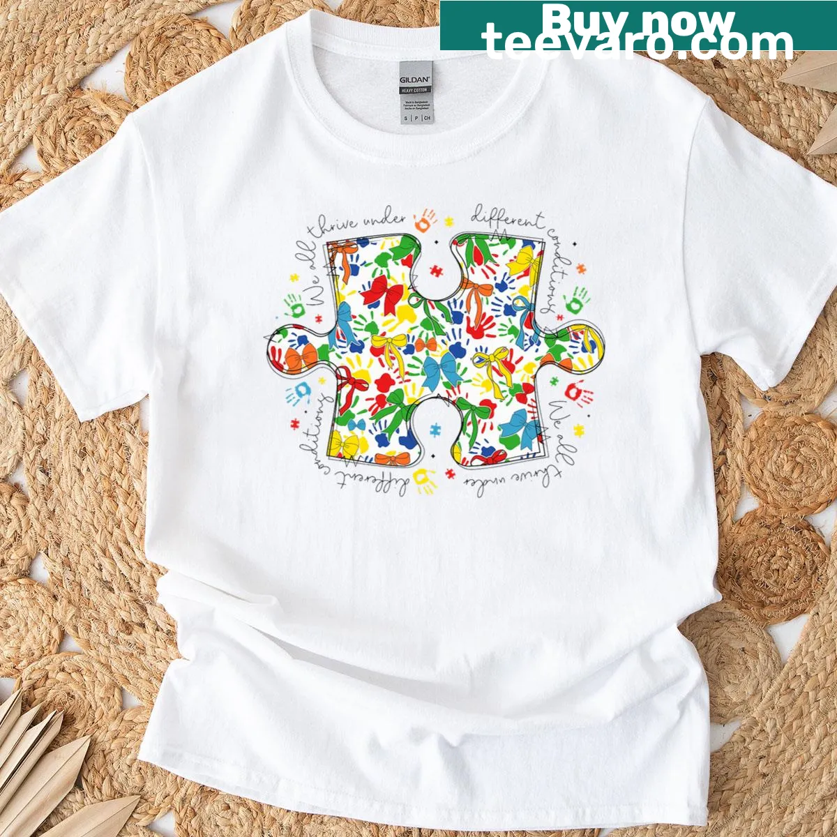 Retro t-shirt featuring autism puzzle piece and bow design — on a men's t-shirt