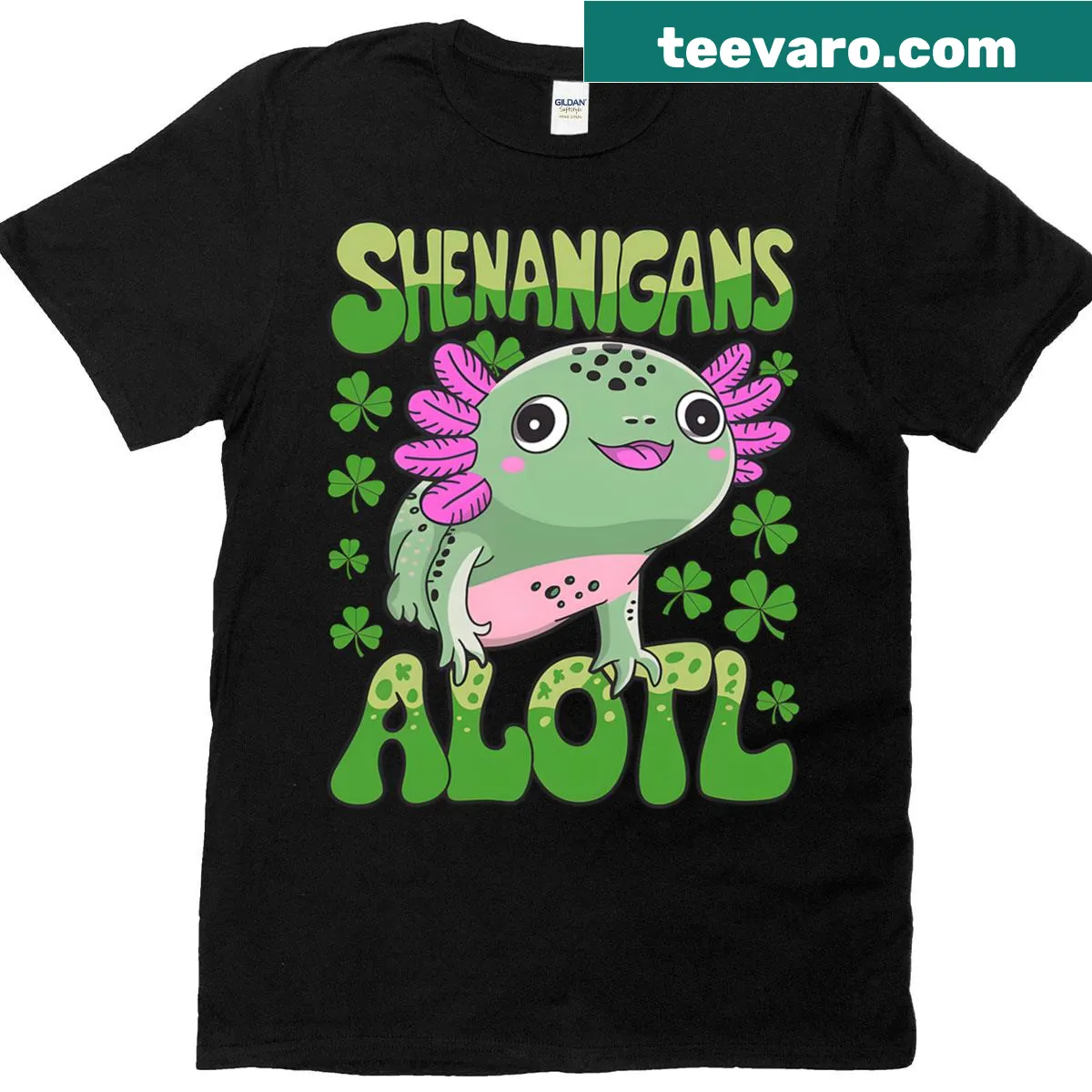 Whimsical axolotl celebrating St. Patrick's Day with humor — on a men's t-shirt