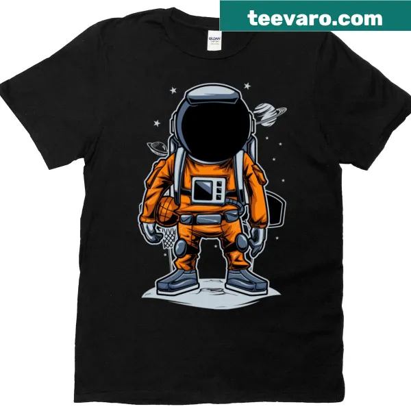 Cartoon astronaut dribbling a basketball in space