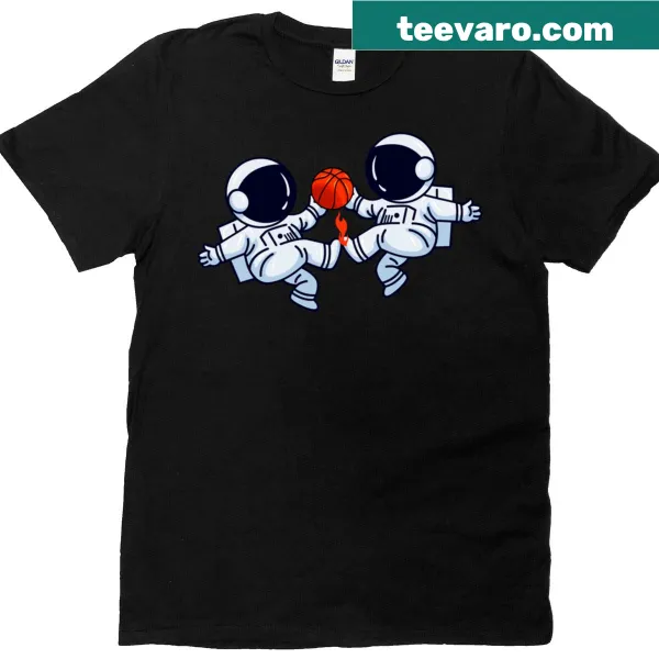 Whimsical T-shirt featuring basketball-playing astronauts in space