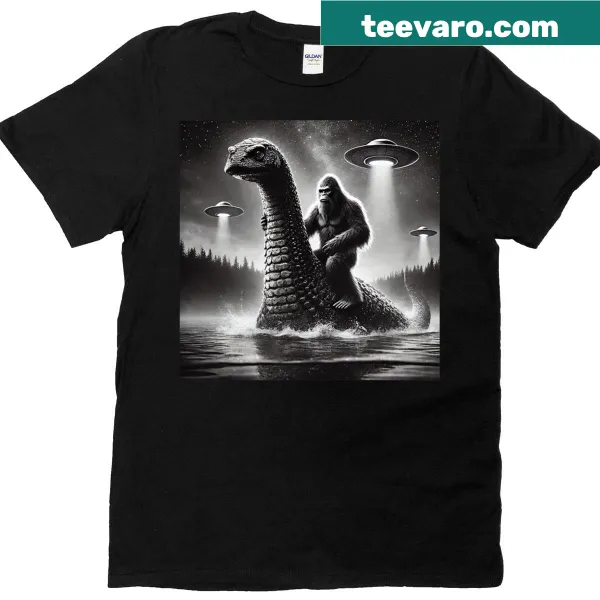 Humorous graphic tee featuring Bigfoot on Loch Ness Monster with UFOs