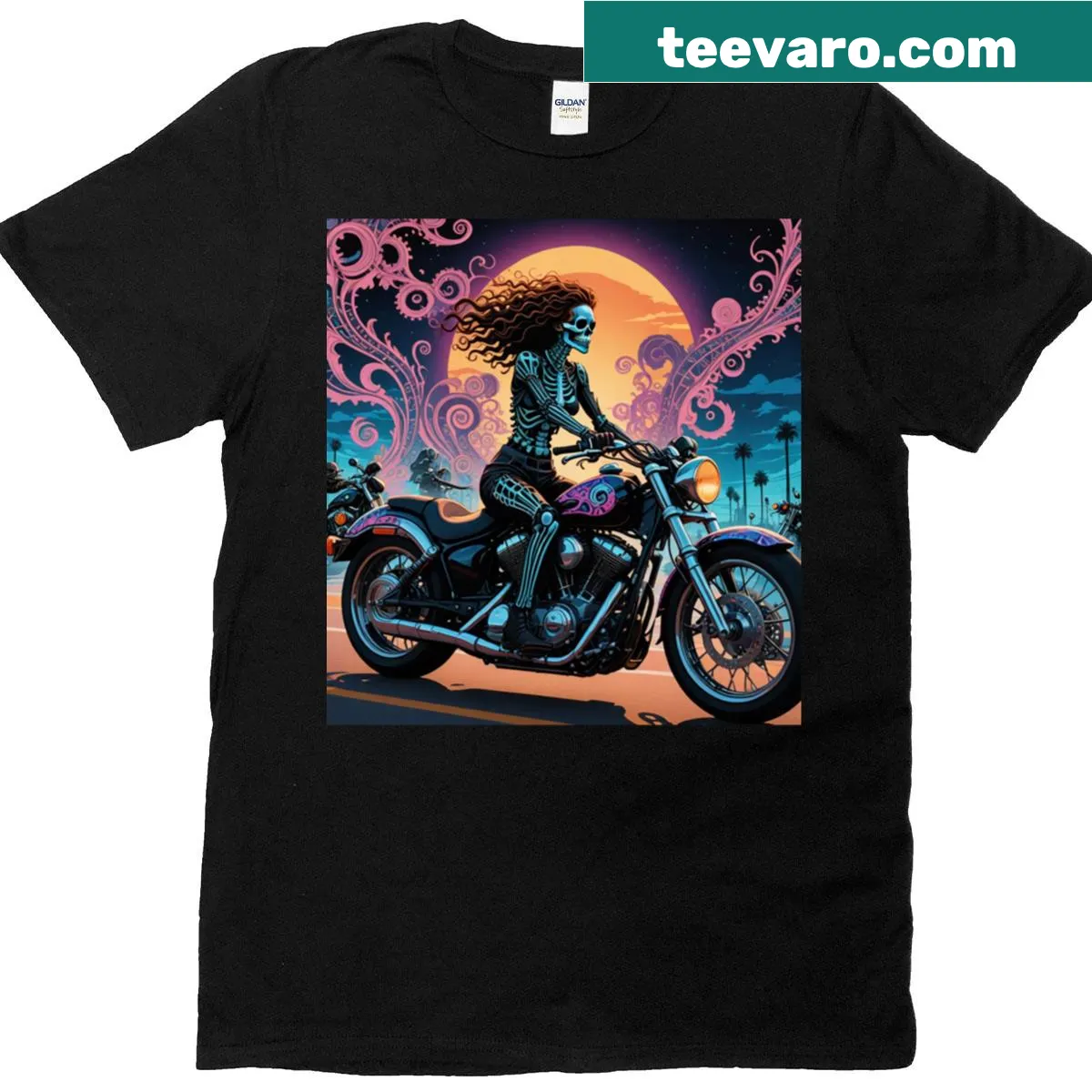 Illustrative t-shirt of a female biker with brown curls — on a men's t-shirt