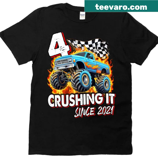 Cartoon monster truck birthday T-shirt for boys turning 4