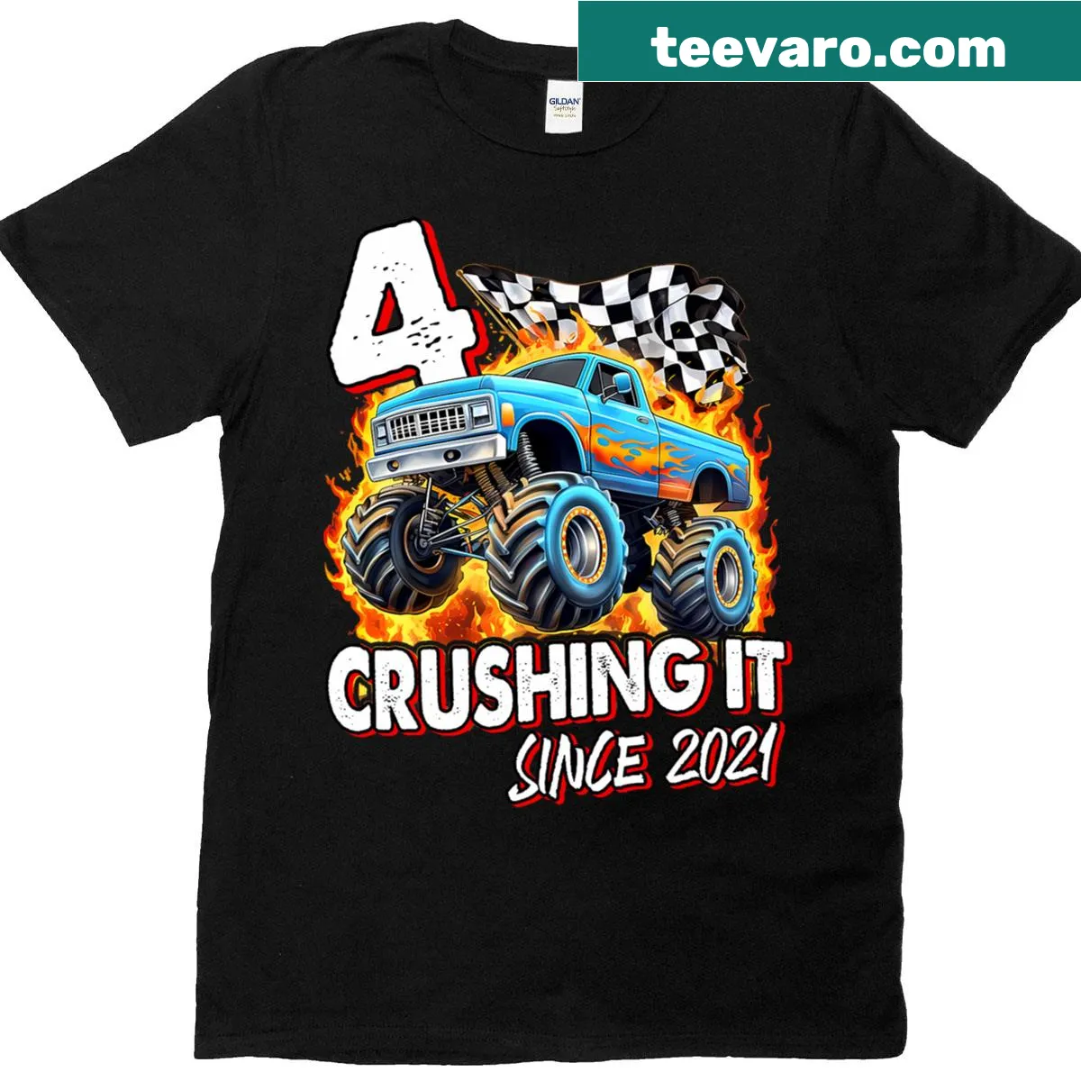 Cartoon monster truck birthday T-shirt for boys turning 4 — on a men's t-shirt