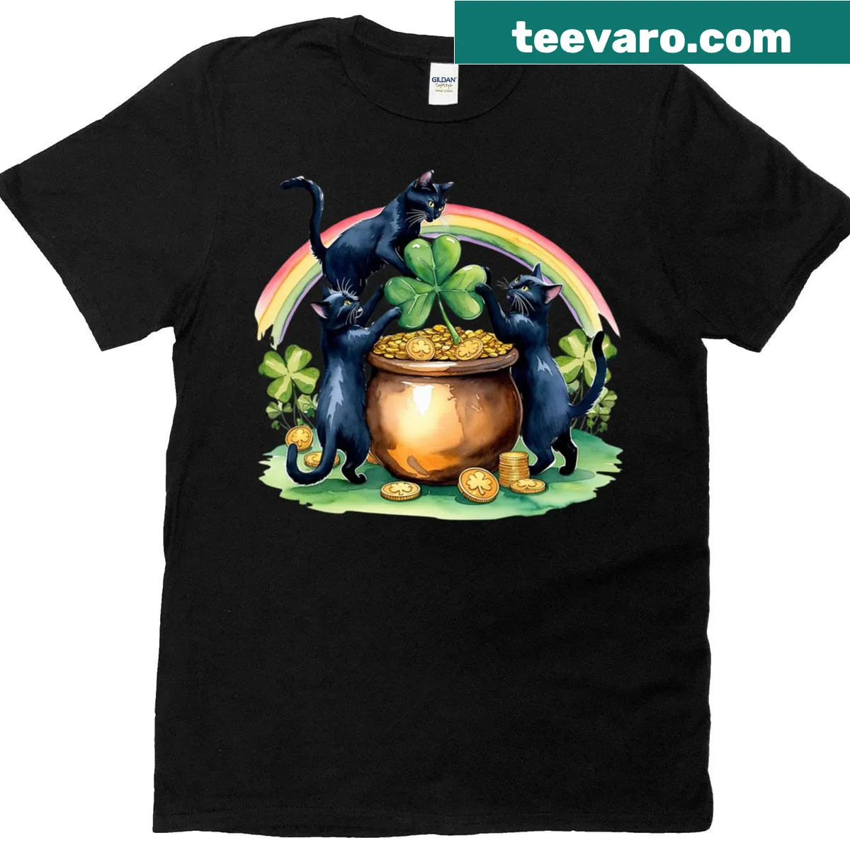 St. Patrick's Day t-shirt featuring a black cat as a leprechaun — on a men's t-shirt