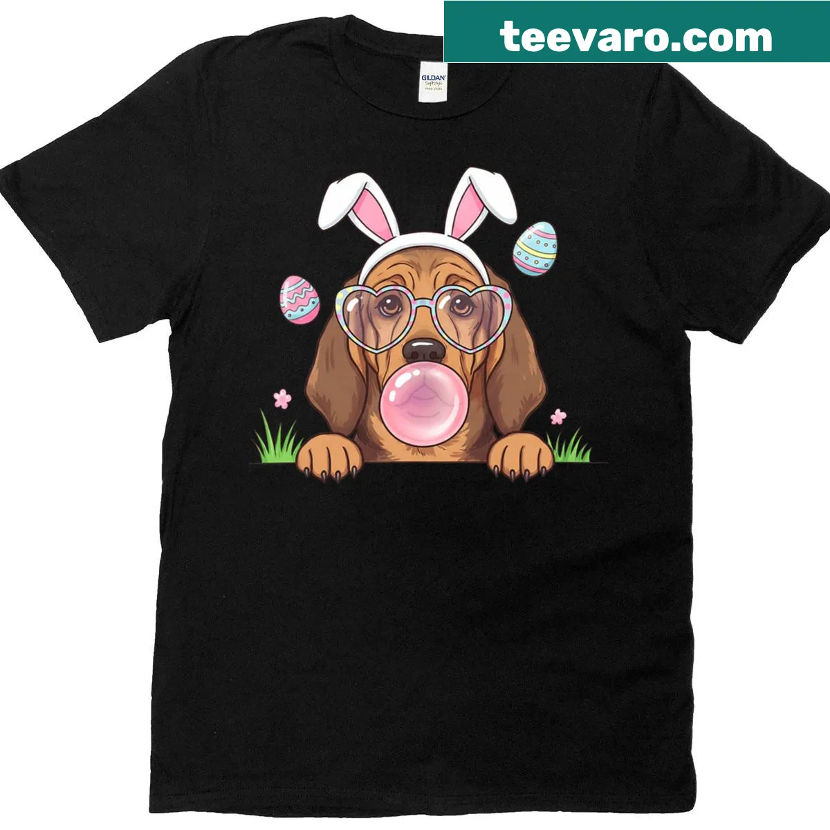 Easter t-shirt with bloodhound and colorful Easter eggs — on a men's t-shirt