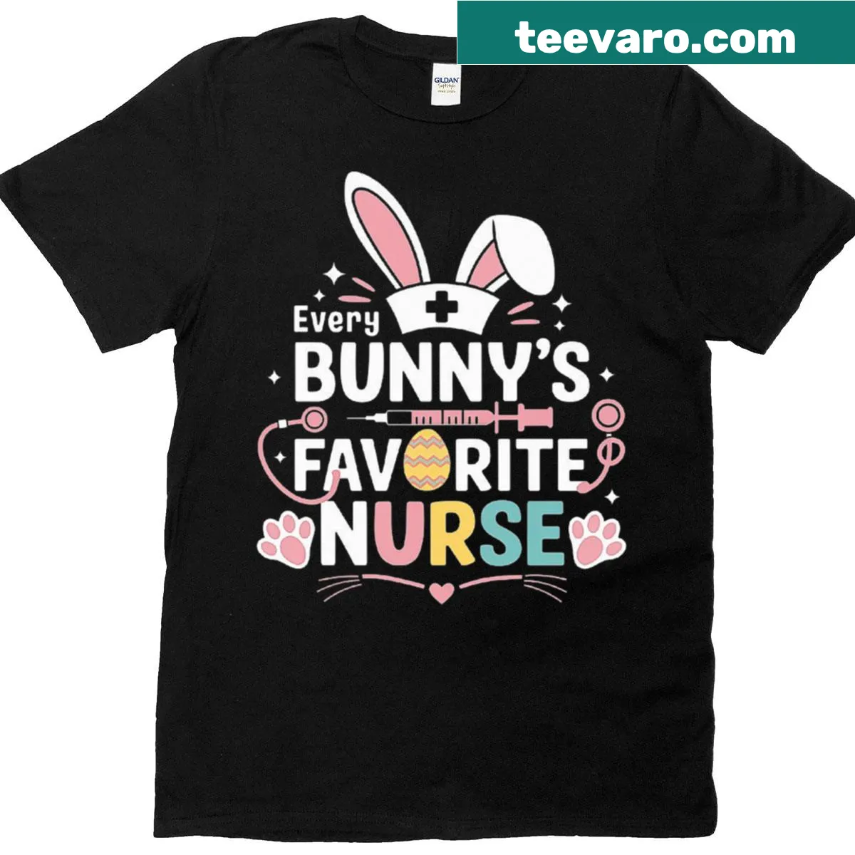Cute Bunny Nurse T-shirt with an illustration of a bunny in scrubs — on a men's t-shirt