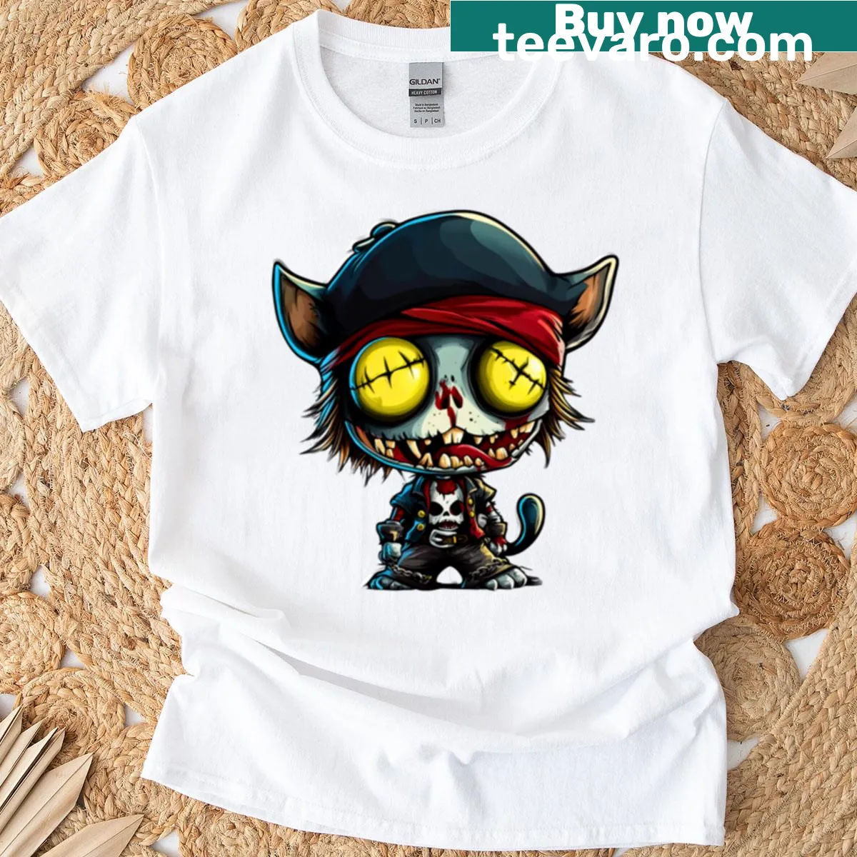 Playful T-shirt featuring a cat dressed as a pirate captain — on a men's t-shirt