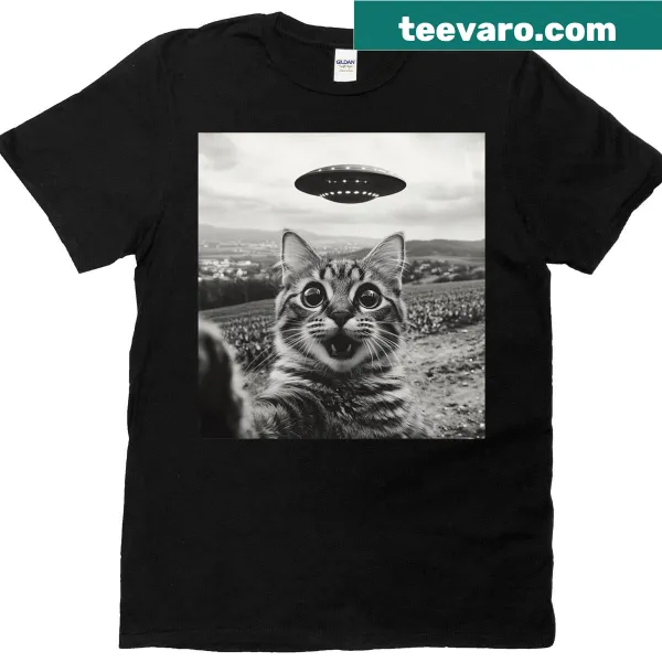 Cartoon cat taking a selfie with a UFO in the background.