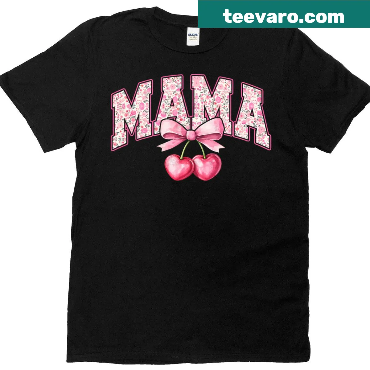 Floral Mama t-shirt with cherry design and bow illustration — on a men's t-shirt