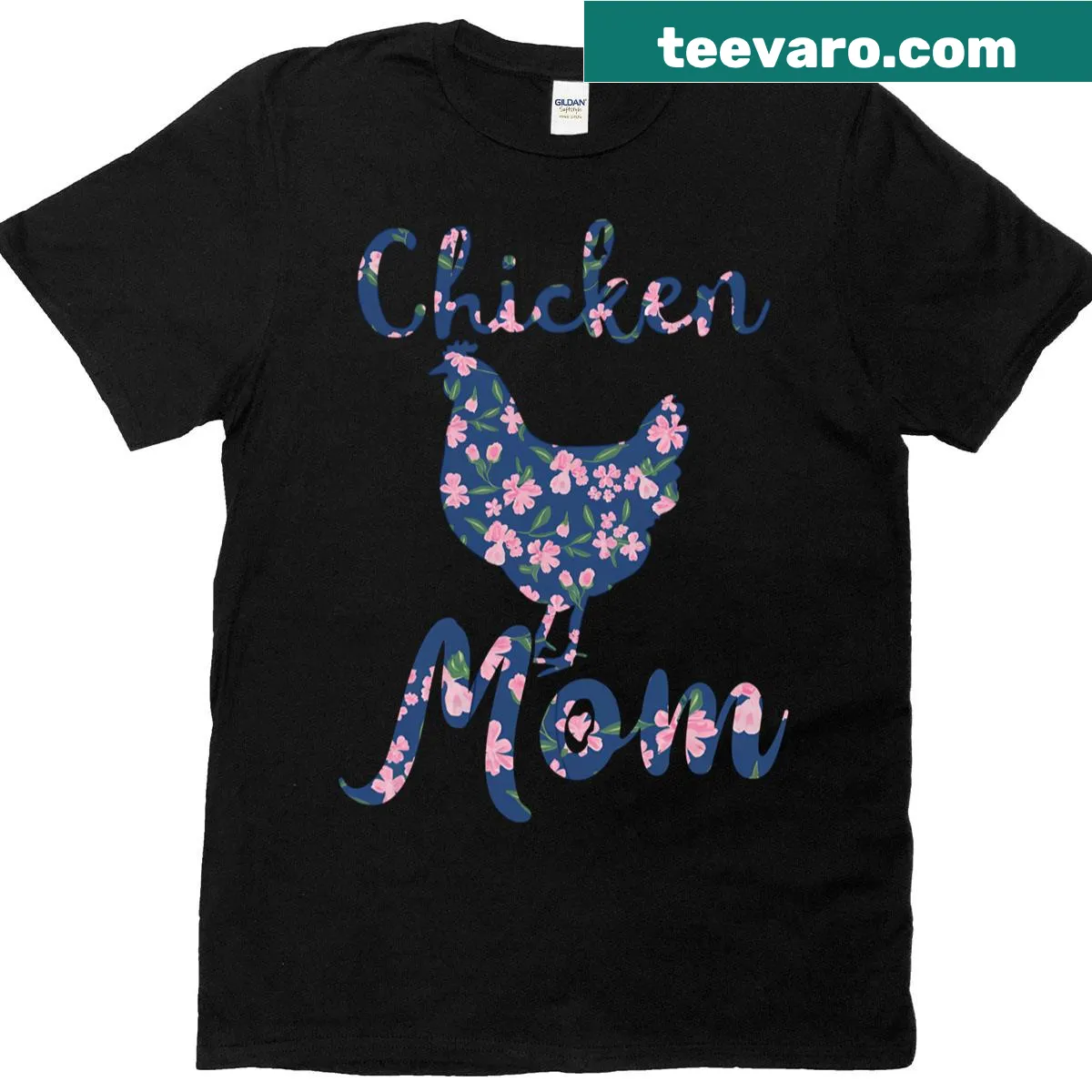 Chicken Mom t-shirt with floral chicken graphic — on a men's t-shirt