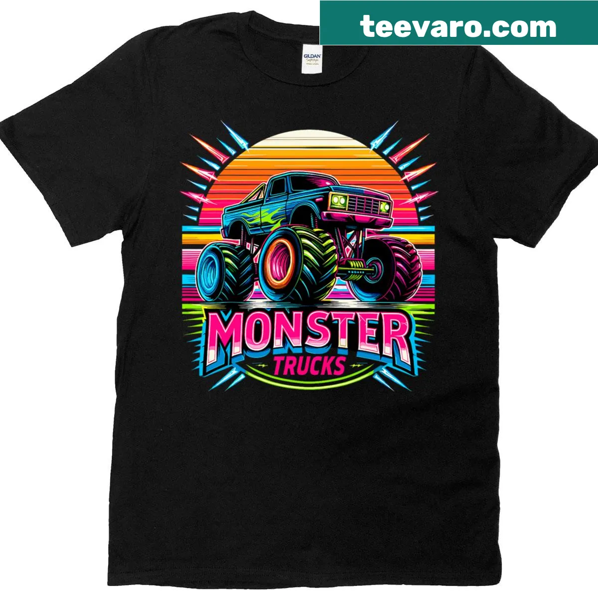 Cartoon-style monster truck graphic on a T-shirt — on a men's t-shirt