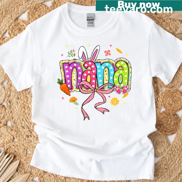 Easter T-shirt featuring a Nana Bunny graphic with boho florals.