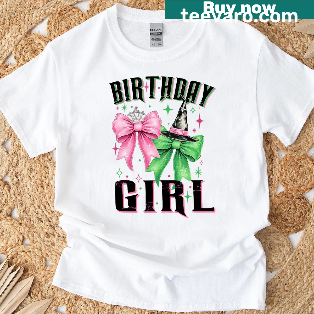Birthday shirt for girls featuring a cute witch design in pink and green. — on a men's t-shirt