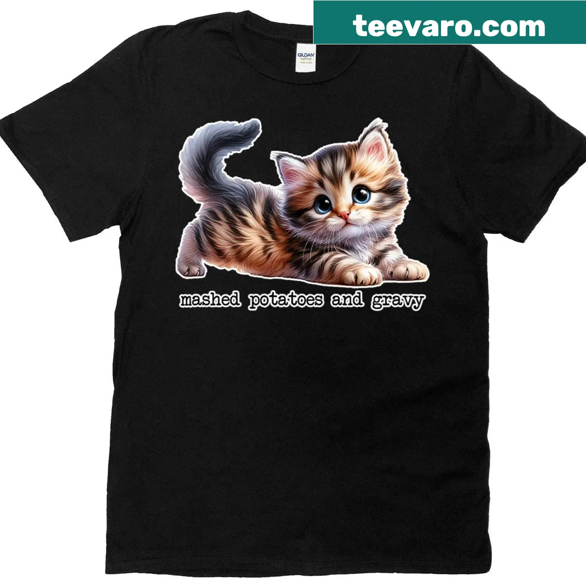 Cute kitten next to mashed potatoes and gravy illustration on T-shirt — on a men's t-shirt
