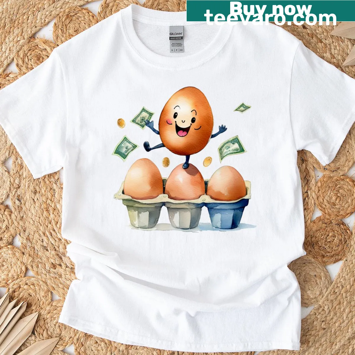 Fun cartoon egg graphic on a T-shirt, showcasing a cute design. — on a men's t-shirt