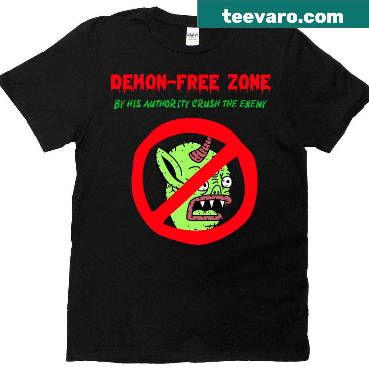 Bold Christian tee with 'Demon Free Zone' text graphic — on a men's t-shirt