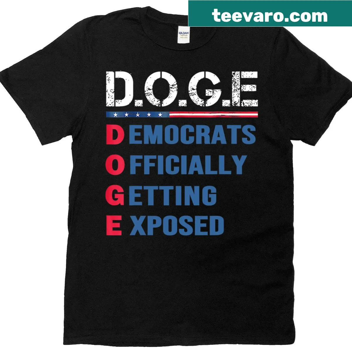 Doge meme t-shirt featuring US flag and text about government efficiency — on a men's t-shirt