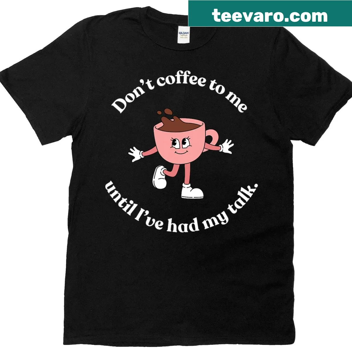 Funny coffee-themed t-shirt with text about needing coffee before talking — on a men's t-shirt