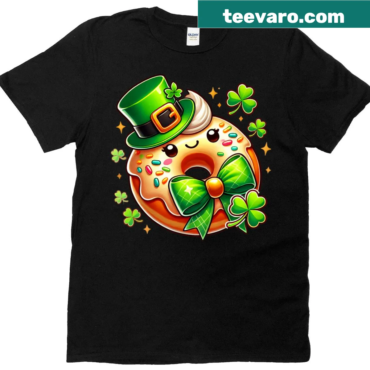 Cute St. Patrick's Day T-shirt featuring a leprechaun and donut design. — on a men's t-shirt