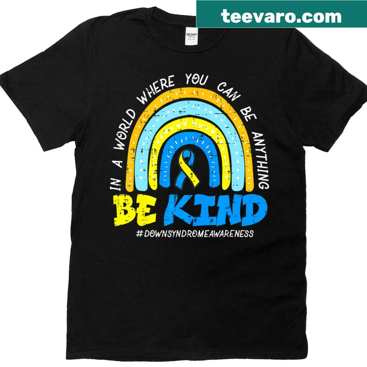 Rainbow-themed t-shirt for girls promoting kindness and Down Syndrome awareness — on a men's t-shirt