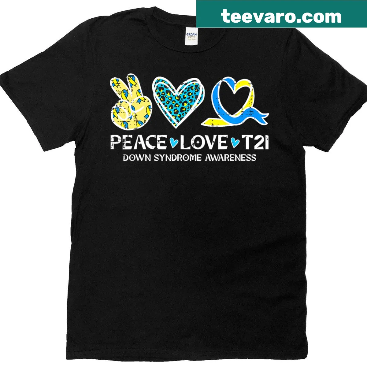 T-shirt promoting Down Syndrome awareness with 'Peace Love T21' text — on a men's t-shirt