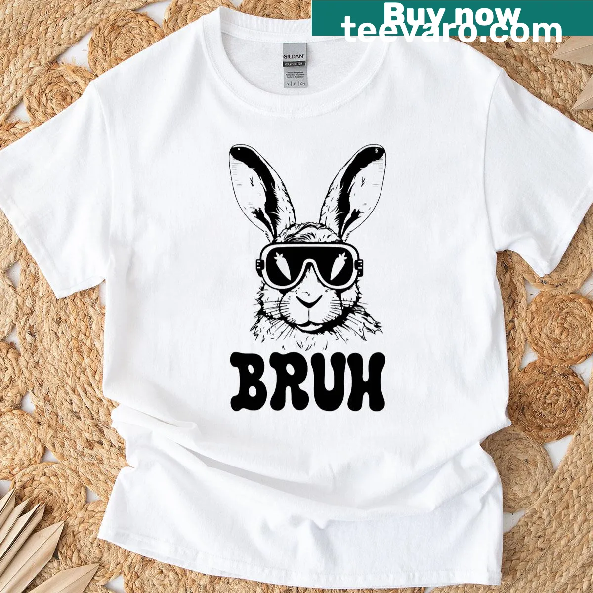 Funny Easter t-shirt with bunny in sunglasses and 'Bruh' text — on a men's t-shirt