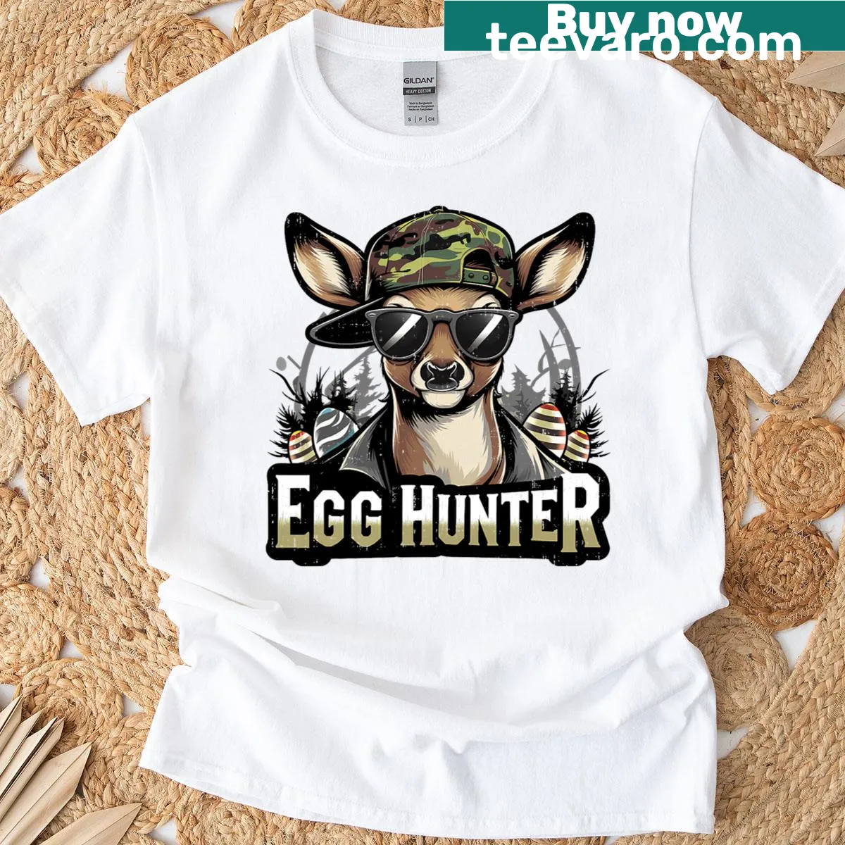 Kids Easter t-shirt with camo egg hunting design — on a men's t-shirt