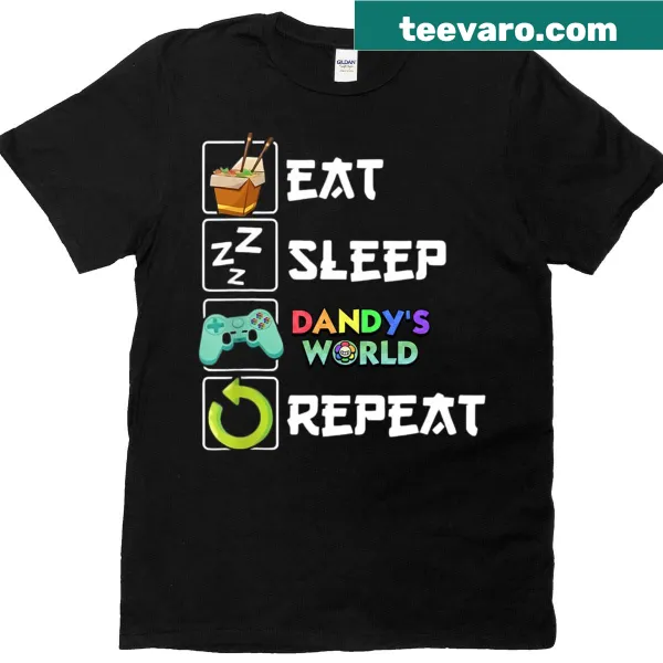 Cute gaming t-shirt with Eat Sleep Dandy's World Repeat cartoon saying