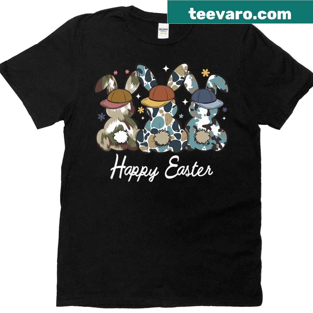 Hunter bunny graphic for kids' Easter egg hunts — on a men's t-shirt
