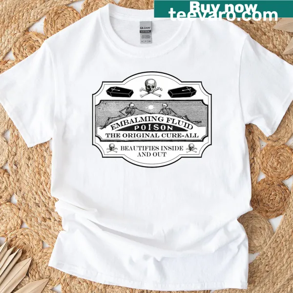 Vintage apothecary label t-shirt with embalming fluid design
