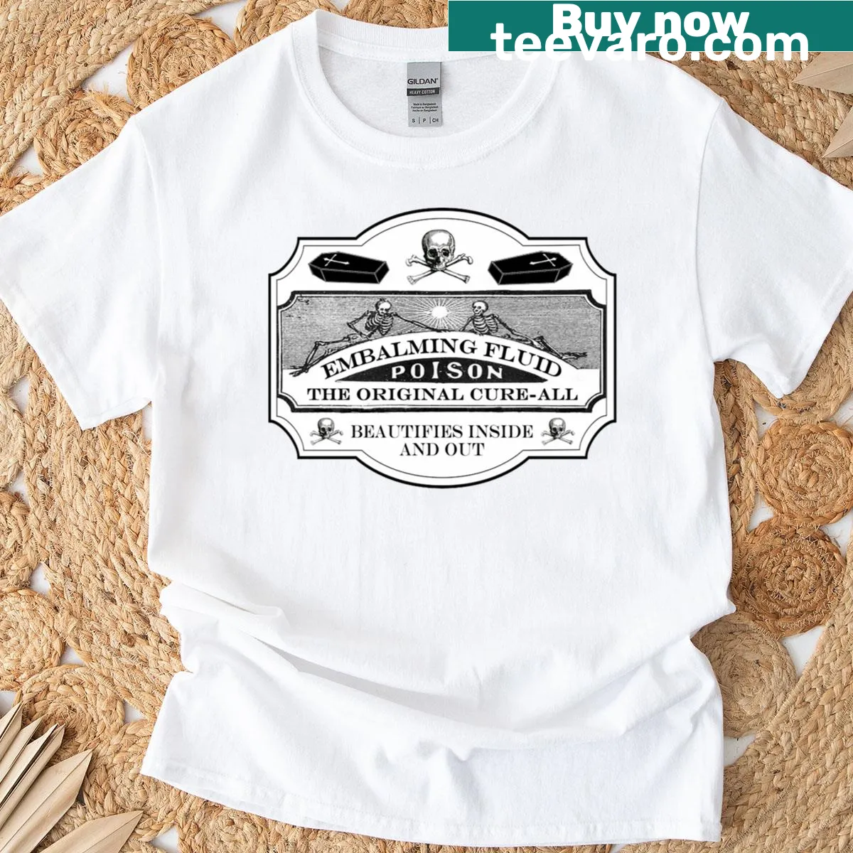 Vintage apothecary label t-shirt with embalming fluid design — on a men's t-shirt