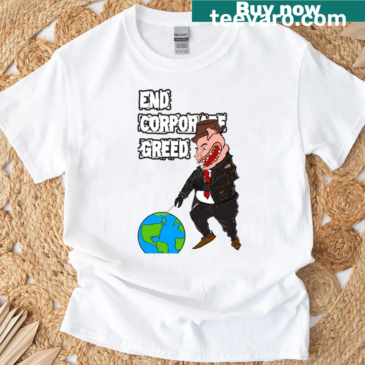 Bold typography graphic T-shirt with anti-corporate greed message — on a men's t-shirt