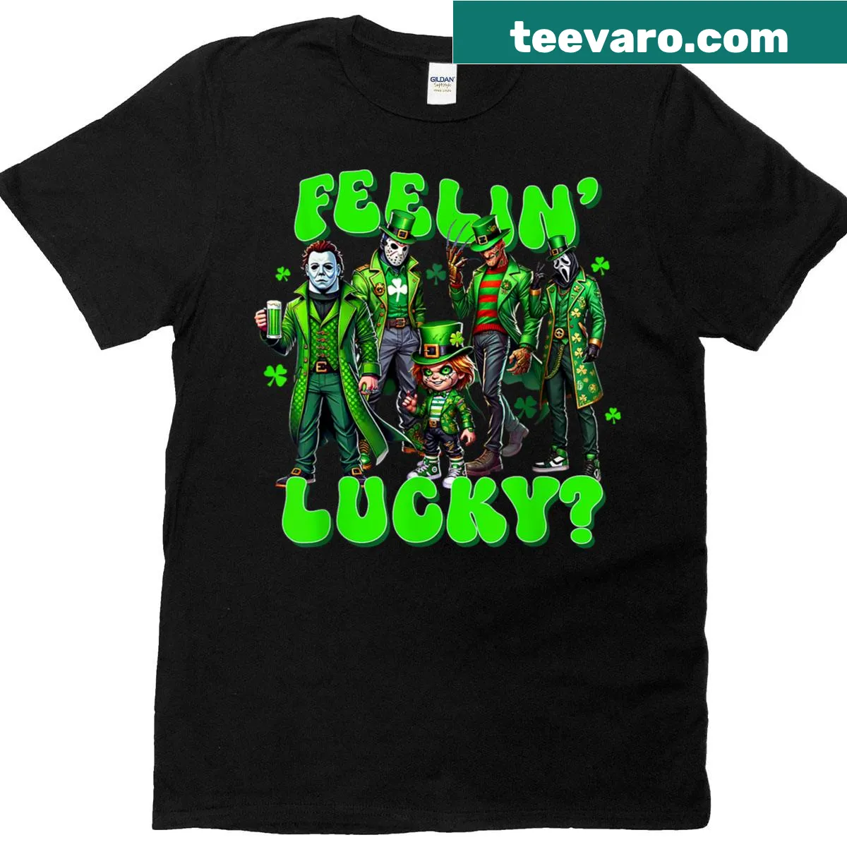 Funny St. Patrick's Day shirt with spooky lettering saying Feelin' Lucky — on a men's t-shirt