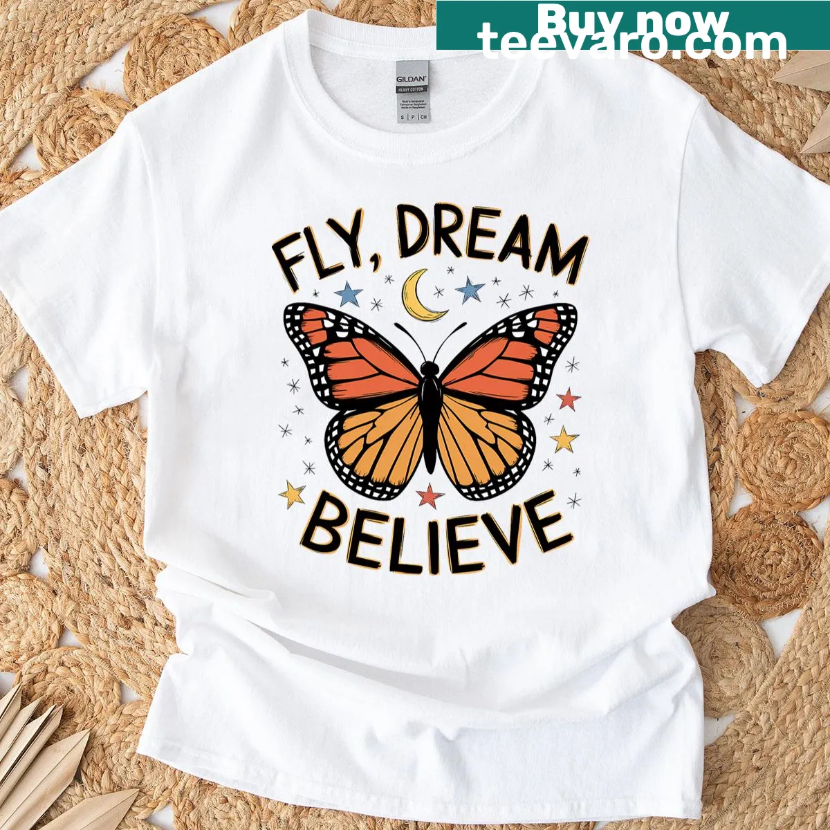 Illustrative girls t-shirt with monarch butterflies and inspirational text — on a men's t-shirt