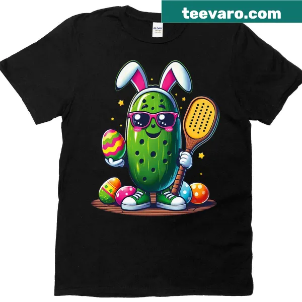 Funny Easter pickle playing pickleball graphic t-shirt