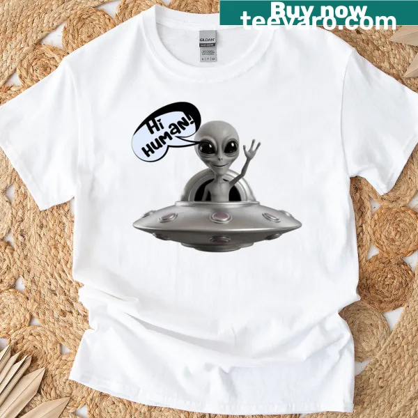 Digital illustration of a funny gray alien waving on a T-shirt