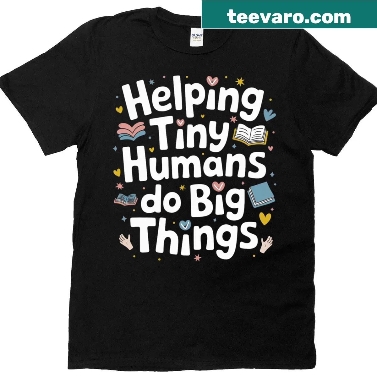 Funny teacher t-shirt with a slogan about helping tiny humans — on a men's t-shirt