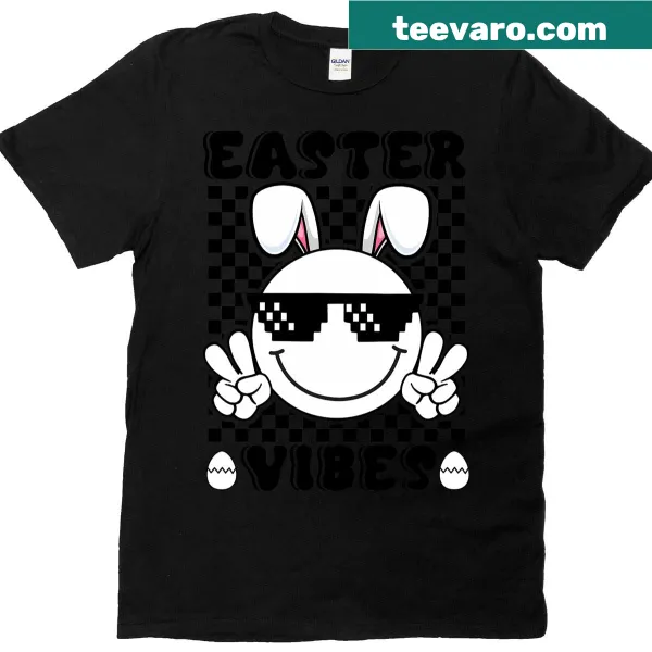 Retro Easter t-shirt featuring a bunny and peace hand graphic