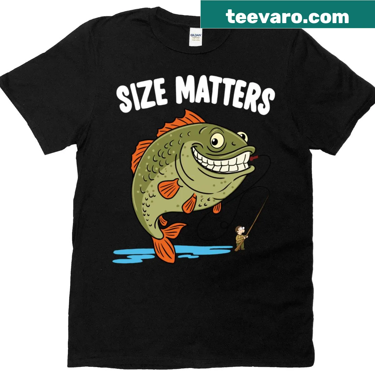 Cartoon fishing t-shirt with humorous text about size for fishermen — on a men's t-shirt