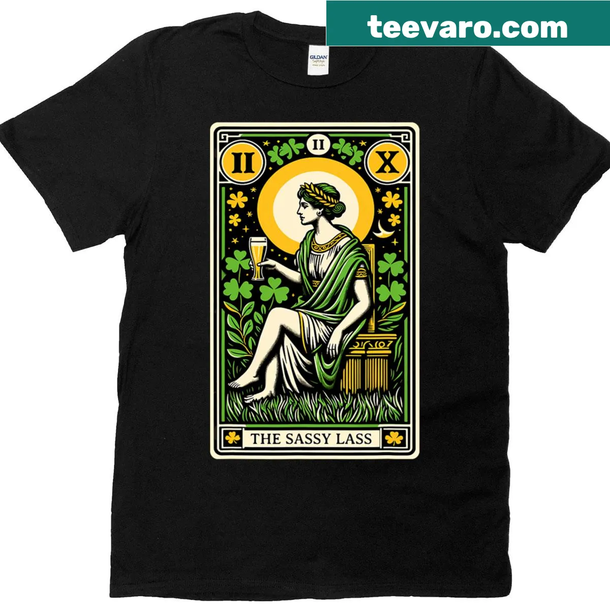 Illustrative St. Patrick's Day t-shirt featuring a sassy lass drinking — on a men's t-shirt