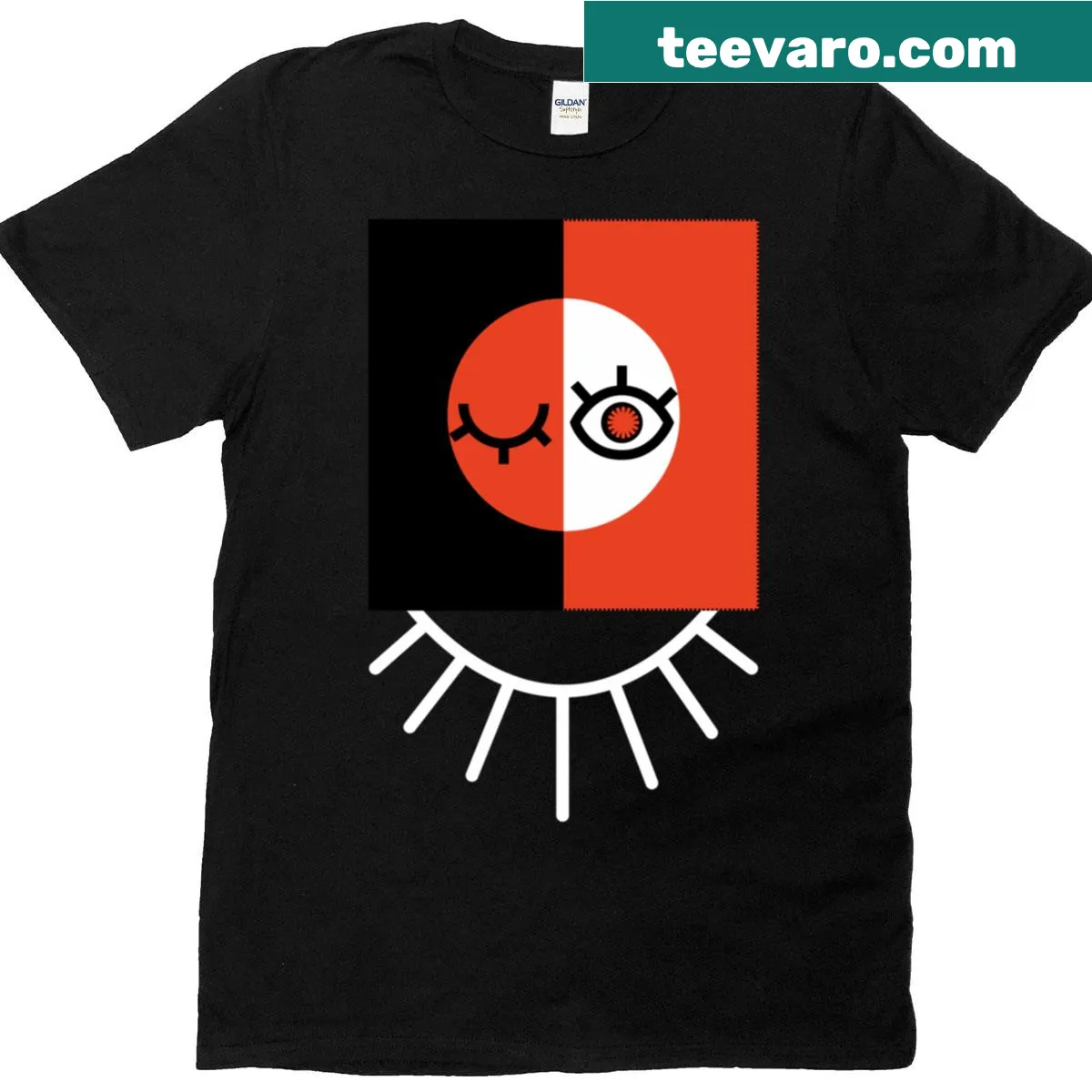 Bauhaus-inspired t-shirt featuring geometric eyes in an abstract design — on a men's t-shirt
